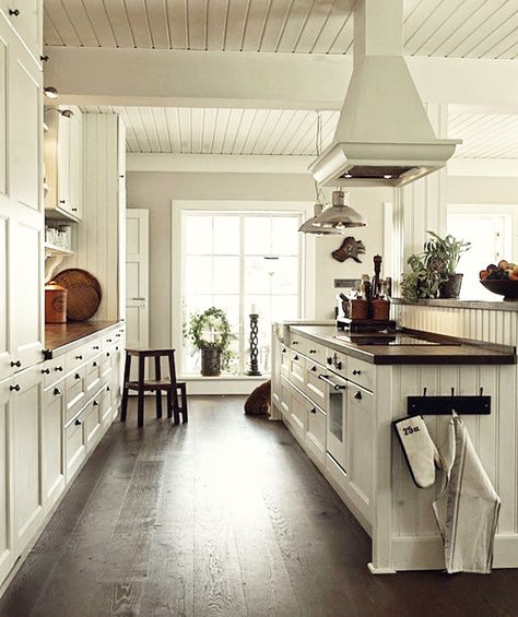 White walls kitchen-wood details. Contrasting floors, dark counters New England Style Homes, Rustic Farmhouse Kitchen Cabinets, Color Door, Hgtv Dream Homes, Board Ceiling, Rustic Kitchen Cabinets, Beadboard Ceiling, Kitchen Wood, Hgtv Dream Home