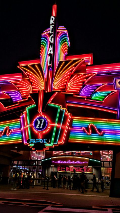 Regal Movie Theater, Nashville TN. Movie Theater Aesthetic, Light Movie, Theatre Inspiration, Episode Interactive Backgrounds, Hollywood Lights, Recording Studio Design, Vaporwave Art, Vintage Neon Signs, In And Out Movie