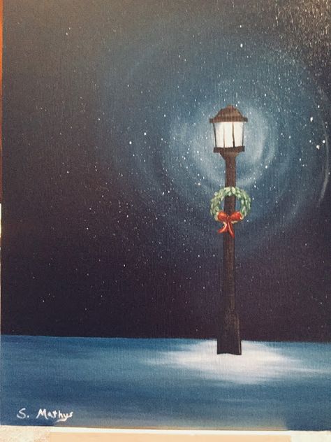 Oil Painting Lamppost Snow Night Winter Lamp Post Painting, Lamppost Christmas Decor Diy, Lamppost Christmas Decor, Lamppost Painting, Christmas Oil Paintings, Cardinal Paintings, Cardinal Painting, Simple Oil Painting, Winter Drawings