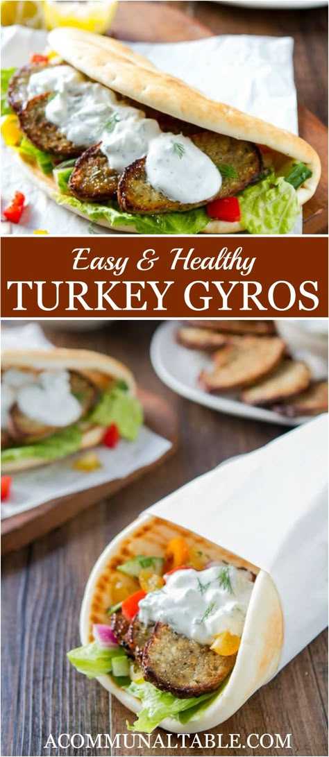 Healthy Gyro Recipe, Turkey Gyro Recipe, Turkey Gyros, Donair Meat Recipe, Healthy Gyros, Gyro Meat Recipe, Tzatziki Recipe, Greek Turkey, Greek Turkey Burgers