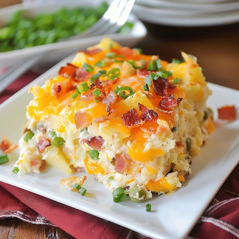 Creamy and cheesy, this Twice Baked Potato Casserole with bacon and green onions is a perfect comfort food dish. Ready in just 1 hour. Twice Baked Potato Casserole Recipe, Bacon Potato Casserole, Twice Baked Potato Casserole, Casserole With Bacon, Loaded Baked Potato Casserole, Twice Baked Potato, Twice Baked Potatoes Casserole, Hot Potato, Baked Potato Casserole