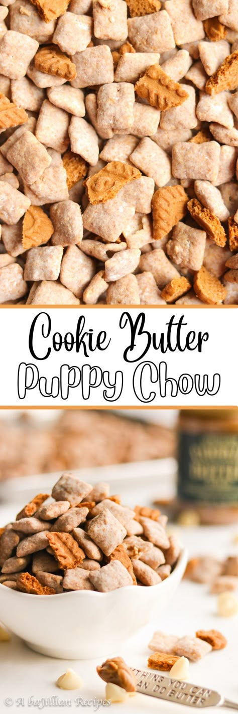 Cookie Butter Snack Ideas, Biscoff Puppy Chow, Biscoff Muddy Buddies, Cookies Made With Chex Cereal, Cookie Butter Snacks, Cookie Butter Puppy Chow, Puppy Chow With Cookie Butter, Puppy Chow Recipe, Puppy Chow Flavors