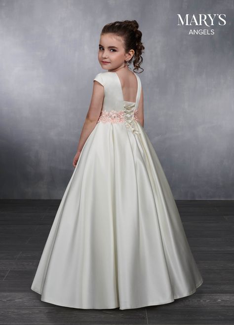 Angel Flower Girl Dresses | Mary's Angels | Style - MB9036 Short Sleeve Satin Dress, Girls Long Shorts, Rachel Allan Prom Dresses, Mary's Bridal, Satin Flower Girl Dress, Line Flower, Girls Formal Dresses, Gowns For Girls, Satin Flowers