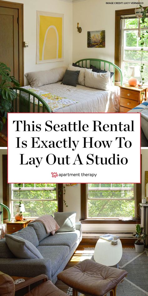 This Seattle rental shows exactly how to successfully lay out a studio apartment. | House Tours by Apartment Therapy #housetours #hometours #studio #studioapartment #apartmentdecorating #layout #studiolayout Apartment Patios, Small Apartment Storage Solutions, Apartment Storage Solutions, Apartment Dining Area, Small Apartment Dining, Small Apartment Furniture, Small Apartment Storage, Seattle Apartment, Cozy Studio Apartment