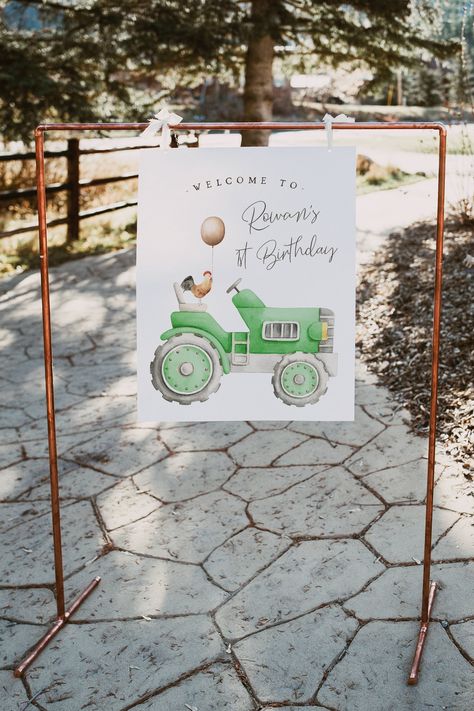 Tractor First Birthday Party, Tractor Themed Birthday Party, Farm 1st Birthday, 1st Birthday Sign, Rooster Illustration, Tractor Birthday Party, 1st Birthday Signs, Adorable Illustration, Birthday Welcome Sign