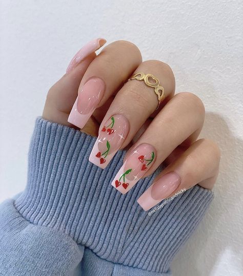 Cherry Nails Acrylic, Fake Nails Almond, Press On Nail Art, Fruit Nail Designs, Nails Luxury, Nails Yellow, Nail Art Gel, Cherry Nails, Simple Acrylic Nails