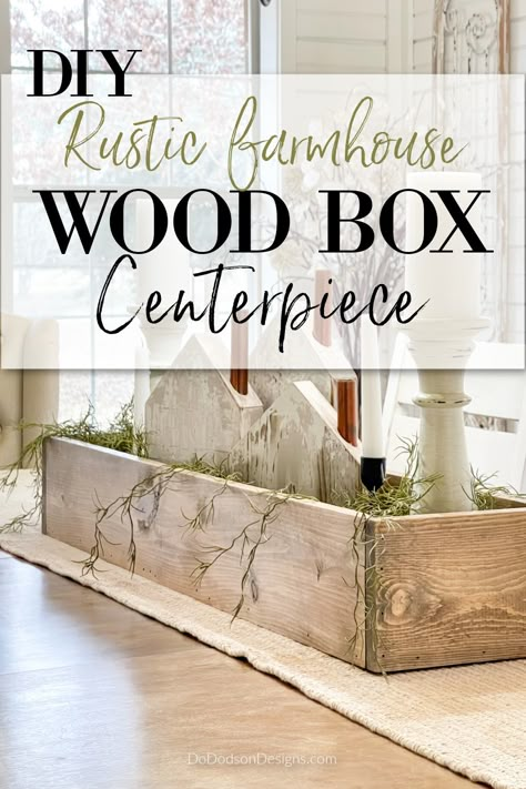 Easiest DIY Wood Box Centerpiece You\'ll Ever Make Diy Wooden Centerpieces, Decorative Boxes Wooden, Dining Table Box Centerpiece, Diy Wooden Box Centerpiece, Christmas Box Centerpiece, Wooden Boxes Ideas Decor, Wooden Box Decoration Ideas, Long Wooden Box Centerpiece, Wooden Box Decor