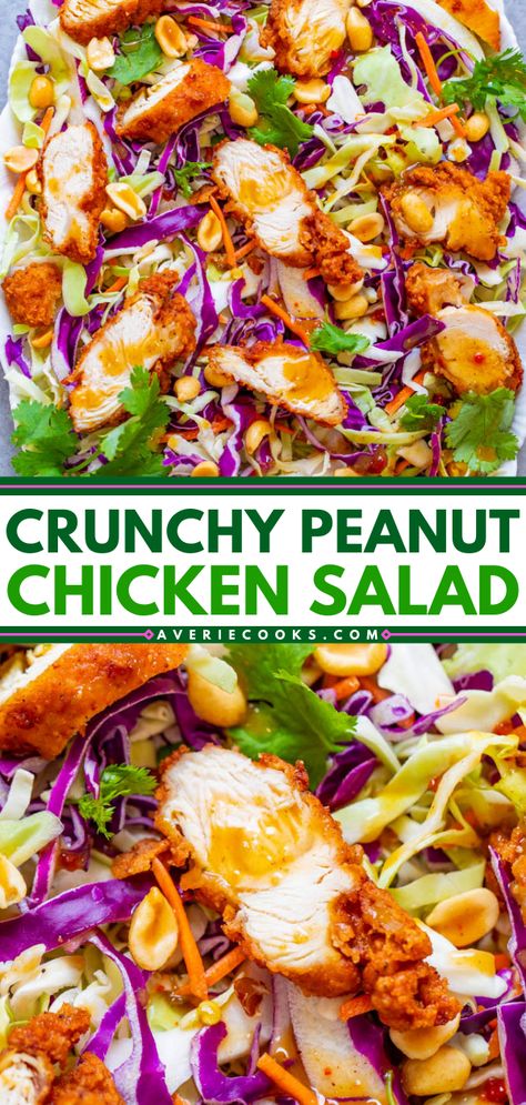 Crispy fried chicken with crunchy cabbage, carrots, peanuts, cilantro and the EASIEST and BEST homemade peanut sauce that coats every bite!! Thai Peanut Chicken Salad, Crunchy Thai Peanut Salad, Fried Chicken Salad Recipe, Peanut Butter Salad Dressing, Peanut Chicken Salad, Easy Peanut Chicken, Peanut Butter Salad, Fried Chicken Salads, Peanut Sauce Chicken