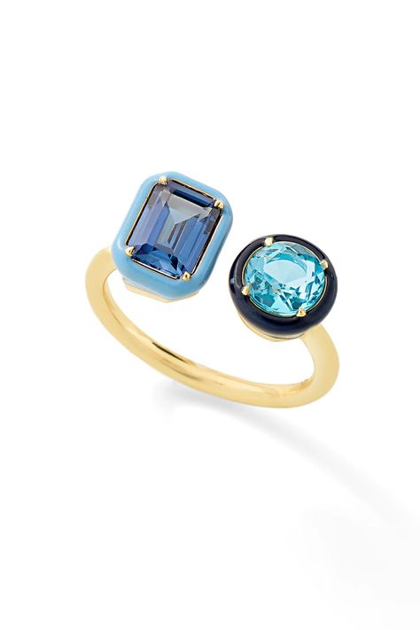 Make a statement day or night. This ring adds the perfect amount of sparkle to any occasion. Features a rectangular and round lab-created gemstone with contrasting colored enamel. Gem Rings Stones, Bypass Rings, Dinner Rings, Enameling Jewelry, Ring Rectangle, Unique Ring Designs, Alison Lou, Colored Stone Rings, Modern Jewellery