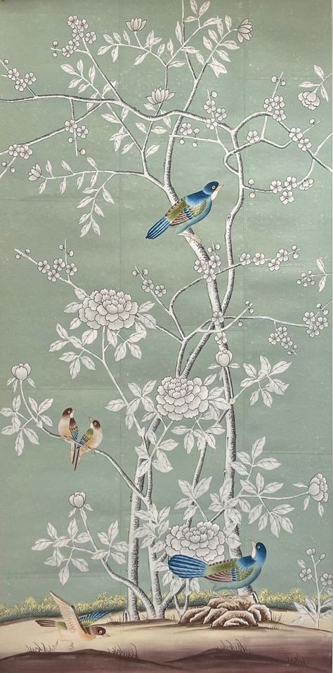 Chinoiserie Hand Painted Floral Mural Wallpaper on Blue Tea Paper Painted Floral Mural, Green Chinoiserie Wallpaper, Floral Mural Wallpaper, Chinoiserie Wallpaper Panels, Chinoiserie Patterns, Tea Paper, Chinoiserie Prints, Chinoiserie Panels, De Gournay Wallpaper