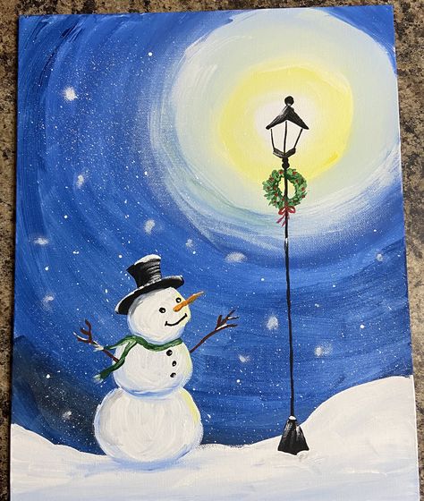 Winter Drawing Aesthetic, Christmas Drawing Snowman, Christmas Night Drawing, December Painting Ideas, Snowman Paintings Easy, Christmas Winter Paintings On Canvas, Cute Christmas Paintings Easy, Painting Ideas Christmas Easy, Winter Oil Pastel Art