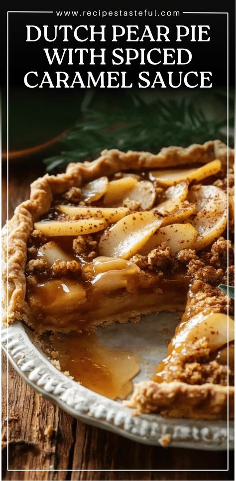 This Dutch Pear Pie with Spiced Caramel Sauce is the ultimate fall dessert! The rich, spiced filling made from fresh pears and a buttery crumble topping is topped with a luscious spiced caramel sauce. Perfect for cozy gatherings or any celebration, this pie brings together the warmth of cinnamon, ginger, and nutmeg with the indulgence of homemade caramel. #DutchPearPie #PearPie #FallDessert #PieWithCaramelSauce #SpicedCaramel #ComfortFood #HolidayDessert #PearBrandyPie Ginger Pear Pie, Dutch Caramel Apple Pie, Caramel Dutch Apple Pie, Carmelized Pears, Peach Cobbler Bars, Cobbler Bars, Pear Pie Recipe, Pear Dessert Recipes, Pear Crisp