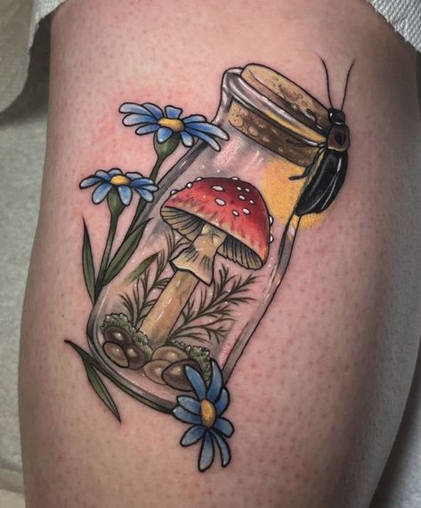 Mushroom And Toad Tattoo, Mushroom And Daisy Tattoo, Ghost Mushroom Tattoo, Moth And Mushroom Tattoo, Mushroom Sleeve Tattoo, Mushroom House Tattoo, Toadstool Tattoo, Hongo Tattoo, Mason Jar Tattoo