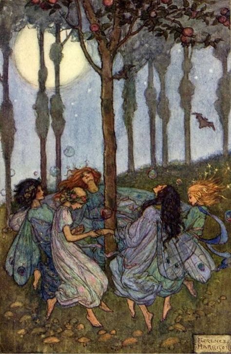 Into The Forest Dark on Twitter: "Since it's Beltane and I am a changeling, I will be returning to my folk and the realm of Faerie. There I will celebrate with my kind and we will dance in circles around sacred trees and make mischief on your kind. So consider yourself warned. (illustration by Florence Harrison)… https://t.co/aF9OsYF8mZ" Fairies Dancing In A Circle, Dancing In A Circle, Witches Dance, Fairy Circle, Fairies Dancing, Fairy Ring, Vintage Fairies, Fairy Art, Fairy Land