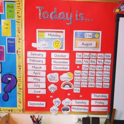 Date and weather display Weather Displays Eyfs, Weather Display, Party Decor Ideas, Todays Weather, School Bulletin Boards, Birthday Party Decor, Classroom Displays, Decor Display, Board Ideas