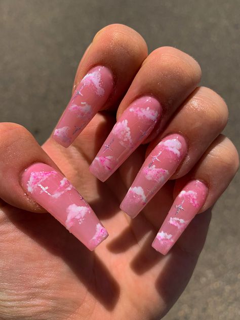 Pink cloud acrylics with stars✨ #acrylic #acrylicnails #acrylicnaildesigns #pinkacrylicnails #acrylicnailart #acrylicnailscoffin #nails #nailart #naildesigns #nailideas #nailartdesigns #nailartideas #nailtutorial Cloud Acrylic Nails, Cloud Nails, Dark Pink Nails, Mickey Nails, Cute Pink Nails, Pretty Nail Colors, Sky Nails, Girly Acrylic, Subtle Nails