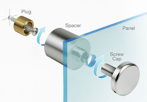 Most of our modular sign supports are supplied as a three-part fitting with a standoff spacer/barrel, a wall anchor, and a front screw-cap. The screw caps/studs included with the standoff-set come with M4, M6 and M8 threads that vary from standoff diameter, style and material. Necessary Things For Home, Plexiglass Ideas, Plexiglass Art, Glass Signage, Glass Handrail, Plexiglass Wall, Glass Railing System, Architectural Signage, 3d Cnc