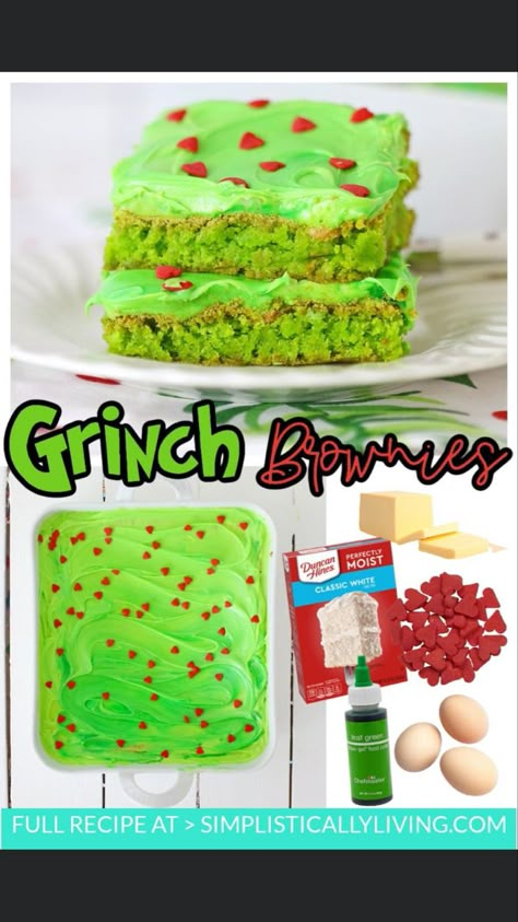 The Grinch Brownies, Grinch Blondies, The Grinch Treats, Grinch Brownies Recipe, Grinch Theme Dessert, Easy Grinch Cake, Grinch Party Foods, Grinch Party Snacks, Grinch Pie