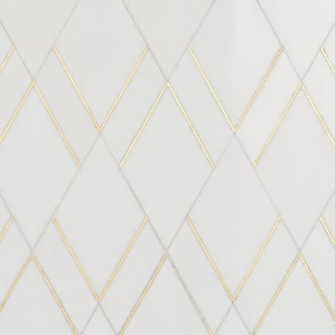 Capture elegance and subtle glamour with the clean-cut diamond-shaped patterns and brass inlays of the Pasha Collection. This series of high-end marble tiles features a neutral color palette and a polished finish, gently decorated with golden brass lining, which beautifully delineates their geometric pattern. Artmore Tile Sample- Pasha Thassos 4-in x 8-in Polished Marble Look Wall Tile | EXT3RD106858 Gold Grout Backsplash, Flower Tile Backsplash, Diamond Tile Backsplash, Art Deco Bathroom Tile, Beautiful Tile Backsplash, Gold Mosaic Tile, Fireplace Tile Ideas, Bar Backsplash, Transitional Home Style