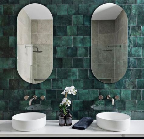 Green Bathroom Tiles, Square Tile Bathroom, Green Hexagon Tile, Style Curator, Dark Green Bathrooms, Green Subway Tile, Herringbone Mosaic Tile, Kitchen Splashback Tiles, Mosaic Bathroom Tile