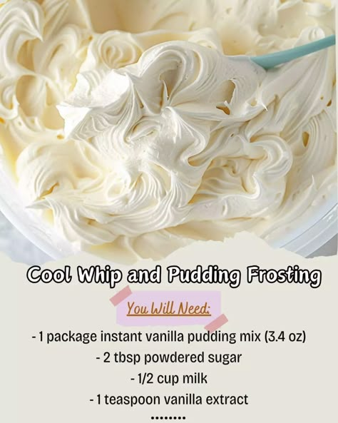 Cool Whip and Pudding Frosting – 99easyrecipes Cool Whip Pudding Frosting, Cool Whip Pudding, Cool Whip And Pudding, Pudding Icing, Whip Frosting, Pudding Frosting, Cool Whip Frosting, Whipped Icing, Frosting Recipes Easy