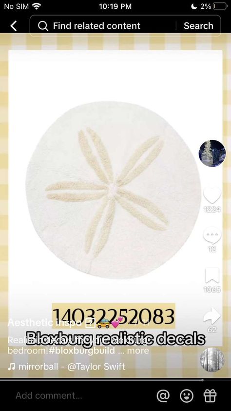 Bloxburg Round Carpet Decal Codes, Bloxburg Beach House Decals, Beachy Rug, Rug Codes, Carpet Decals, Beach Decals, Bloxburg Pictures, Beach House Layout, Decal Aesthetic