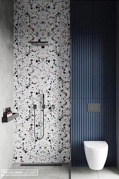 Terrazzo Decor, Small Toilet Design, Terrazzo Bathroom, Bad Inspiration, Small Toilet, Toilet Design, Bathroom Trends, Interior Design Magazine, Stylish Bathroom