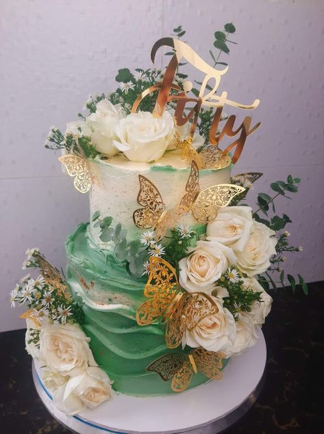 Green And Gold Cakes Birthday, Floral And Butterfly Cake, Emerald Green Butterfly Cake, Enchanted Forest Quince Cake, Tinker Bell Sweet 16, Green Sweet 16 Cake, Tinkerbell Quince, Forest Green Cake, Enchanted Forest Birthday Cake