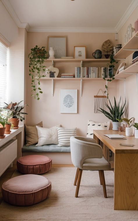 Meditation Nook Ideas, Small Therapy Room, Soft Office Aesthetic, Mauve Office Ideas, Zen Office Space, Meditation Room Decor Ideas, Office Meditation Room, Meditation Nook, Content Creation Studio