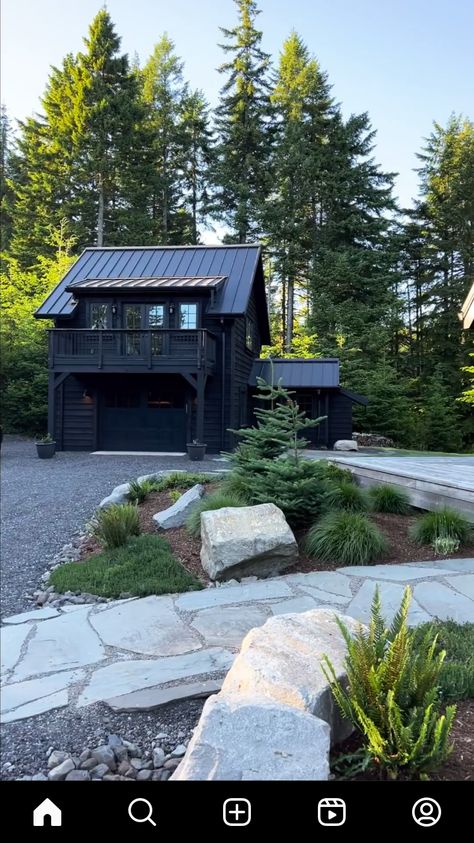 The Blackwood Cabin, Black Cabin Exterior, Cabin Landscaping Ideas Woods, Black Log Cabin, Black Cabins, Colorado Landscaping, Log Cabin Exterior, Deck House, Black Cabin