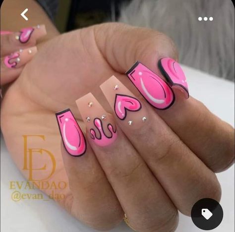 Nails Drawing Cartoon, Pink Comic Nails, Cute Cartoon Nail Designs, Cartoon Nails Design, Crazy Nail Ideas, Crazy Nails Ideas, Cartoon Art Nails, Pop Art Nails Designs, Uñas Pop Art