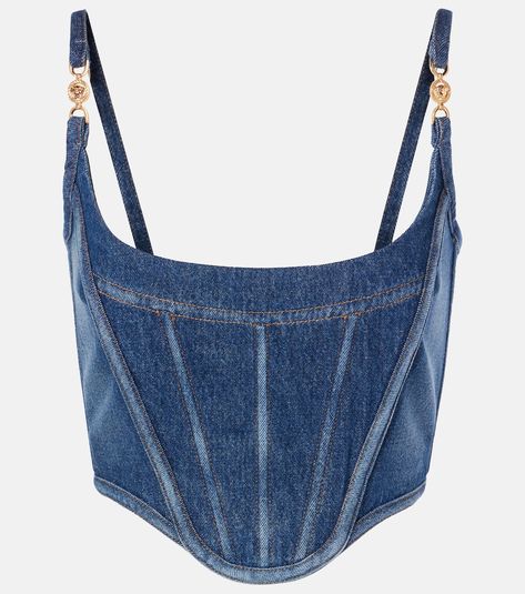 Medusa '95 denim bustier in blue - Versace | Mytheresa Versace Tops, Versace Top, Denim Bustier, Versace Blue, Corset Design, Denim Crop Top, Vintage Versace, Denim Corset, Versace Outfit