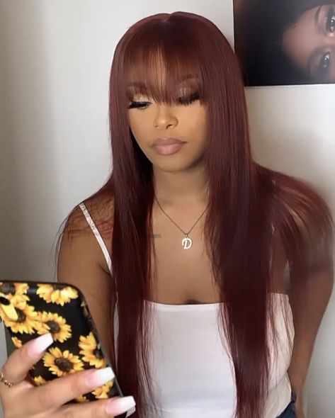 Wig With Bangs For Black Women Color, Burgundy Bang Wig, Burgundy Hair With Bangs Black Women, Fluffy Hair Women Long, Chinese Bangs Weave, Burgundy Wig With Bangs, 2 Tone Hair Color Ideas For Black Women, Fall Sew In Weave Hair Colors, China Bangs Black Women