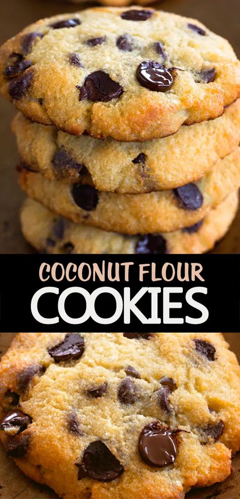 Coconut Flour Chocolate Chip Cookies, Low Carb Chocolate Chip Cookies, Coconut Flour Cookies, Coconut Cookies Recipes, Baking With Coconut Flour, Coconut Dessert, Coconut Flour Recipes, Desserts Keto, No Flour Cookies