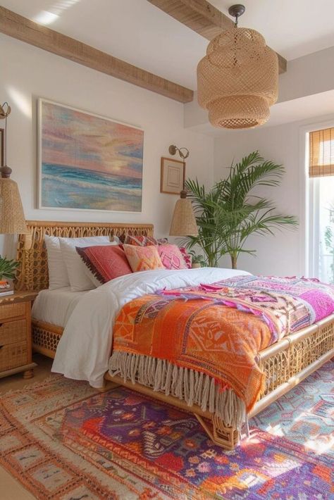 Neutral Interior With Pops Of Color, Coral Boho Bedroom, Boho Chic Aesthetic Room, Coastal Eclectic Bedroom, Neutral Room With Pop Of Color, Rattan Bedroom Decor, Boho Rattan Bedroom, Colourful Boho Bedroom, Neutral Bedroom With Pop Of Color