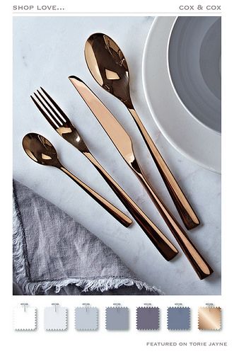 Copper Cutlery, Luxury Kitchenware, Property Styling, Sleek Furniture, Uk Kitchen, Copper Kitchen, Dining Accessories, Styling Ideas, Cutlery Set