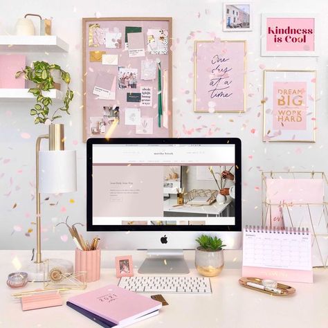 A stylish pink desk with thrown pastel confetti. Featuring Martha Brook beautiful stationery. Small Office At Work, Office At Work, Pink Office Decor, Work Desk Decor, Aesthetic Office, Desk Organisation, Pretty Desks, Cute Office Decor, Feminine Home Offices