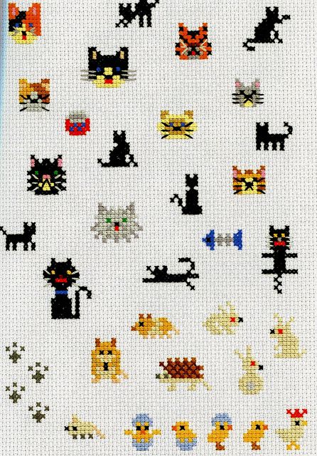 Cute Cross Stitch patterns: cats, mice, chicks, rabbits Cat Cross Stitches, Tiny Cross Stitch, Cat Embroidery, Cute Cross, Cat Cross Stitch Pattern, Small Cross Stitch, Pola Kristik, Mini Cross Stitch, Cat Cross Stitch