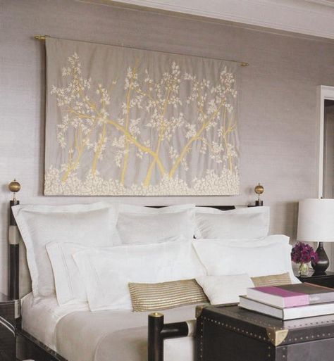 Elle Decor - bedrooms - tapestry, tapestry art, tapestry over bed, tapestry over headboard, tapestry above headboard, gray grasscloth, gray grasscloth wallpaper, Fabric Headboard Ideas, Bedroom Wall Decor Above Bed Modern, Elle Decor Bedroom, Diy Wall Tapestry, Bedroom Wall Decor Above Bed, Wall Tapestry Bedroom, Grey Bedroom Design, Gray Painted Walls, Fabric Wall Decor