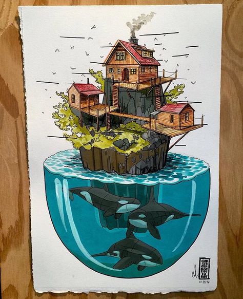 Chris Austin Floating Island illustration Cabin Landscape, Perspective Architecture, Orca Art, Zoo Ideas, Art Gouache, Austin Art, Floating Island, Draw Animals, Drawing Animals