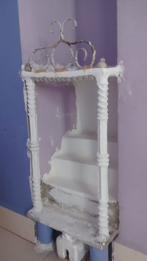 this temple structure designed from paper mache clay, and indian wall care putti, decorated piller, front desiging, looking good Diy Shelf, Store Inspiration, Making Paper Mache, Clay Crafts For Kids, Paper Mache Clay, Gift Wrapper, Waste Paper, Structure Design, Paper Clay