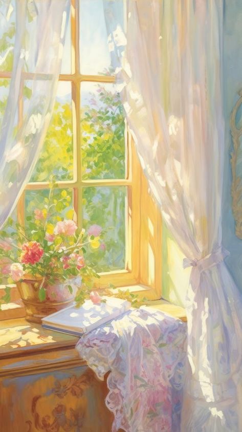 A white cutain at the window painting publication windowsill. | premium image by rawpixel.com / Sakarin Sukmanatham Bay Window Drawing, Painted Windowsill, Painting Of Window, Window View Nature, Open Window Painting, Windowsill Aesthetic, Windowsill Illustration, Window View Painting, Painting Of Garden