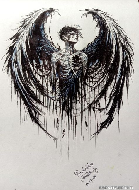 Fallen Angel Tattoo Ideas, Skeleton With Wings Tattoo, Broken Wings Angel, Fallen Angel Drawing Sketches, Demon Sketch Dark, Cosmic Horror Tattoo, Dark Witch Tattoo, Cold Pfp, Angel Demon Tattoo