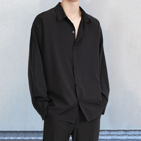 Casual Black Shirt, Shy core, summer outfit, gothic, Asian style, cool guy Male Fashion Black, Black Shirt Outfit Men, Black Shirt Outfits, Korean Street Fashion Men, Guys Fashion Casual, Stylish Shirts Men, Shirt Outfit Men, Fancy Shirt, Minimalist Fashion Men