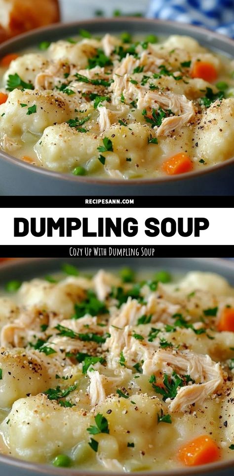 There's nothing like a cozy bowl of dumpling soup to warm my soul! Packed with tender dumplings, shredded chicken, and fresh veggies, this recipe is my go-to for chilly nights. The savory broth and fluffy dumplings make every spoonful comforting. Get ready to savor the flavors and indulge in a bowl of happiness! Cozy Chicken And Dumplings, Soup Dumpling Dough Recipe, Dumplings Made From Bisquick, Creamy Dumpling Soup, Drop Dumplings Recipe Homemade Easy, Soup And Dumplings, Soup Dumplings Recipe, Chicken And Dumplings Soup, Chicken And Dumpling Soup