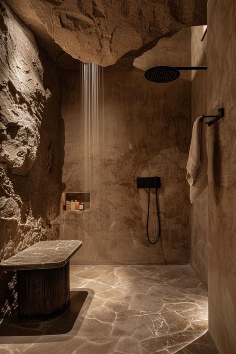 Bathroom Ideas Stone, Bathroom Rock, Hobbit House Plans, Rock Bathroom, Cave Interior, Brutal Architecture, Home Spa Room, Atrium House, Cave Bathroom