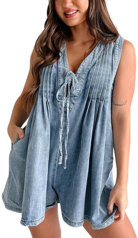 PRICES MAY VARY. Materials: The women overall rompers made of soft and premium denim fabric, comfortable and skin friendly, providing you a good wearing experience. Design: Women denim shorts overalls with deep v neck and tie front design, sleeveles, solid color, short pants, two side pockets, pleated at back, baggy fashion one piece for women. Match: This summer cute denim jumpsuits easy to match with your sandals, sneakers, boots for a casual western style. Occasions: Casual jean romper for wo Summer Country Concert Outfit, Denim Short Jumpsuit, Concert Outfit Summer, Pineapple Clothes, Denim Playsuit, Style Kawaii, Pocket Jumpsuit, Jumpsuit Casual, Solid Leggings