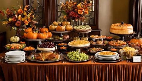 Thanksgiving Buffet Setup Small Space, Thanksgiving Food Buffet Setup, Thanksgiving Catering Display, Thanksgiving Food Display Ideas, Thanksgiving Dinner Buffet Setup, Thanksgiving Event Decor, Buffet-style Thanksgiving Table Setup, Buffet Table Decor Ideas Food Displays, Thanksgiving Buffet Decor