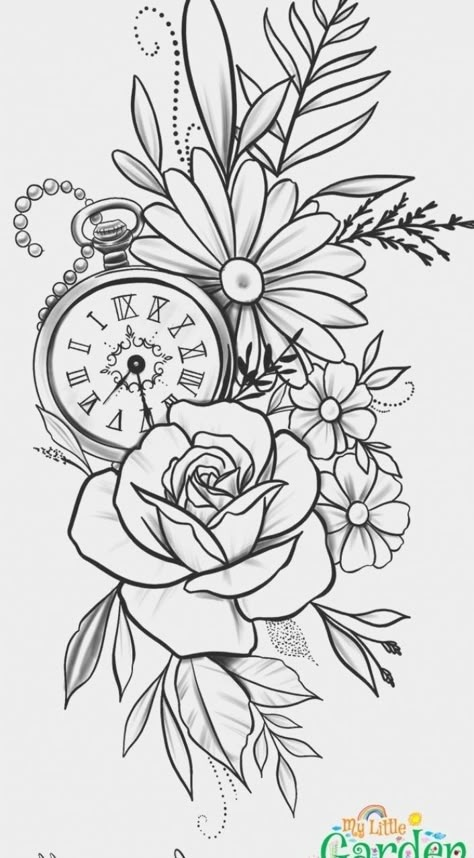 Flower Clock Tattoo, Arm Floral Tattoo, Tato Jam, Capricorn Woman, Black And White Daisy, 50 Tattoo, Flower Clock, Clock Tattoo Design, Woman Tattoo