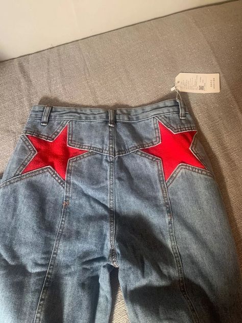 Denim Pants With Patches, Jeans With Star On Back, Denim Dress With Patches, Aesthetic Pants Y2k, Y2k Pants Plus Size, Clothes With Stars On Them, Star Pants Jeans Y2k, Painted Pants Idea Grunge, Yk2 Style Street Styles